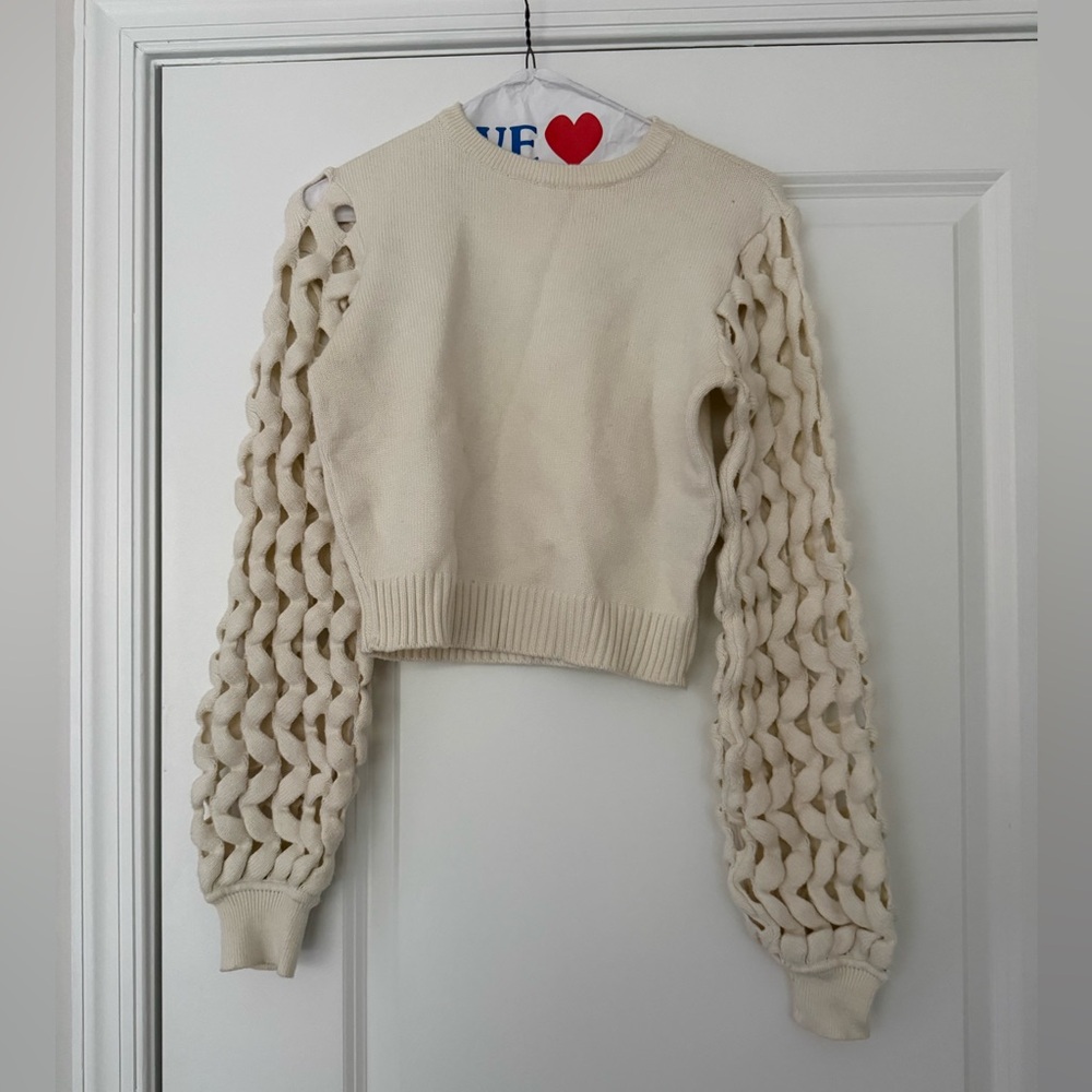 Cream Cropped Crewneck Sweater with Open-Knit Balloon Sleeves